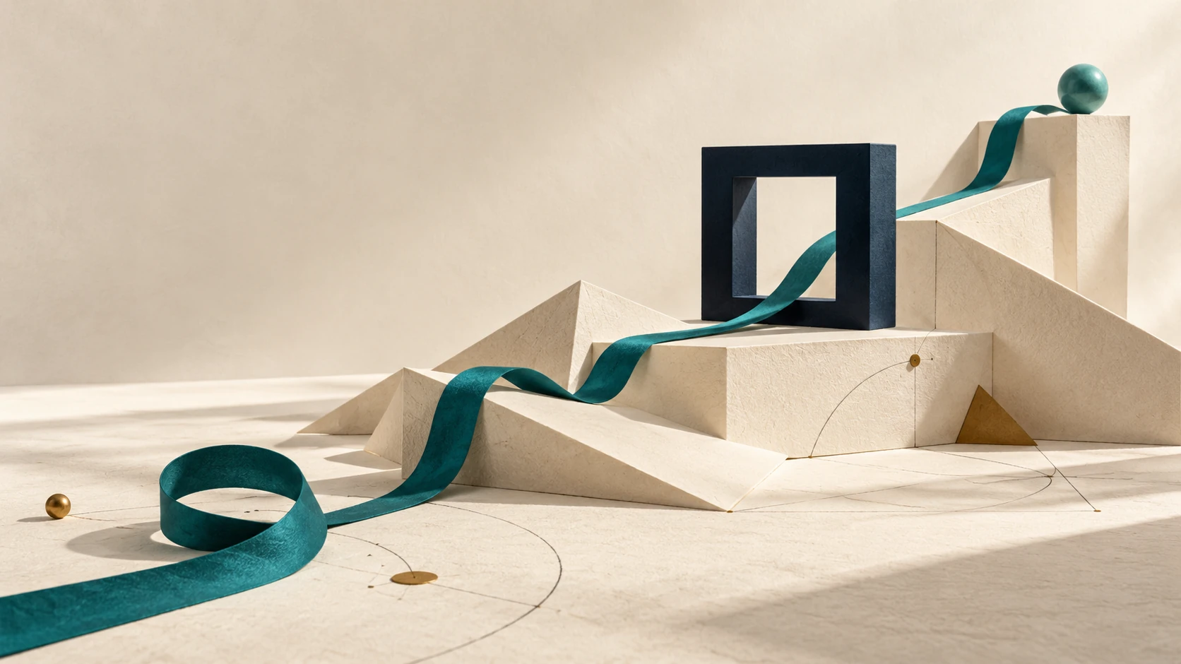 A teal ribbon discovering a route through folded paper geometry.